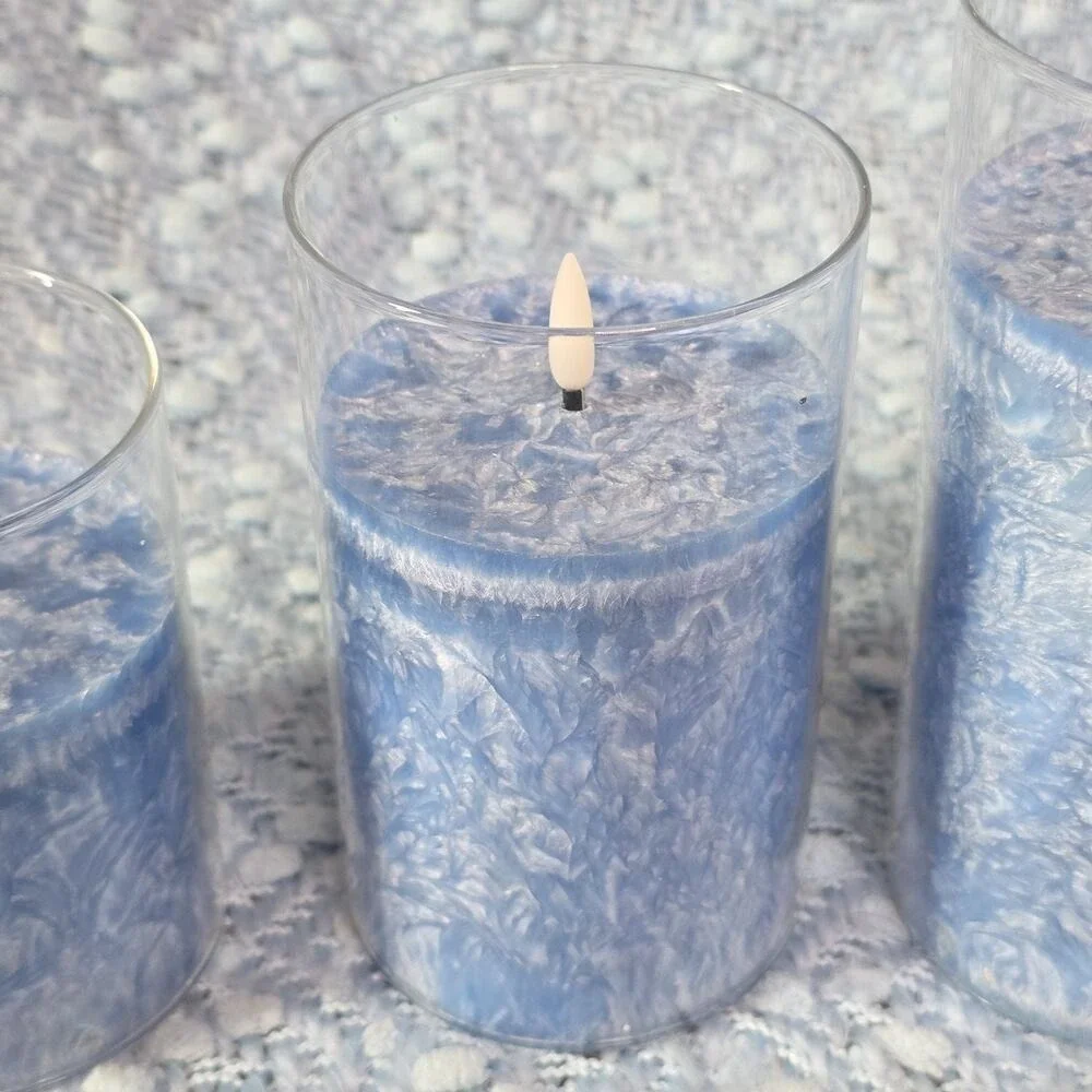 Living Embossed Blue Christmas Holiday 3-Piece LED Candle‎ Set E2